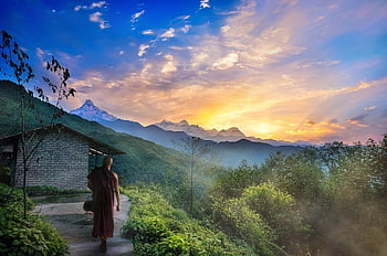 mnich, himalaya, buddhista, Nepál, svítání, annapurna, venkovský, vesnice, scénický, hora