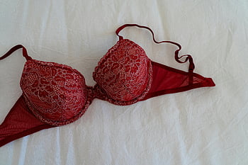 Red Brassiere, bílá textilie, Burgundská krajka podprsenka, Bílá textilie pozadí, Luxusní spodní prádlo, intimní oblečení, elegantní displej, Stylová podprsenka, krajkové spodní prádlo, červená krajka, bílé pozadí