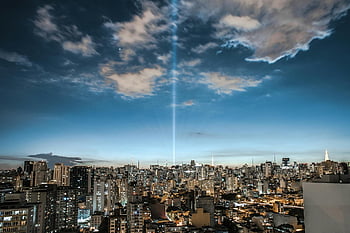 Sao Paulo, urban skyline, twilight, light beam, cloudy sky, panoramic view, cityscape, urban landscape, evening city, skyscrapers, Brazil