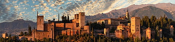 épületek, körképszerű, alhambra, természet, granada, napnyugta, felhők, építészet, történelem, ősi, tájkép