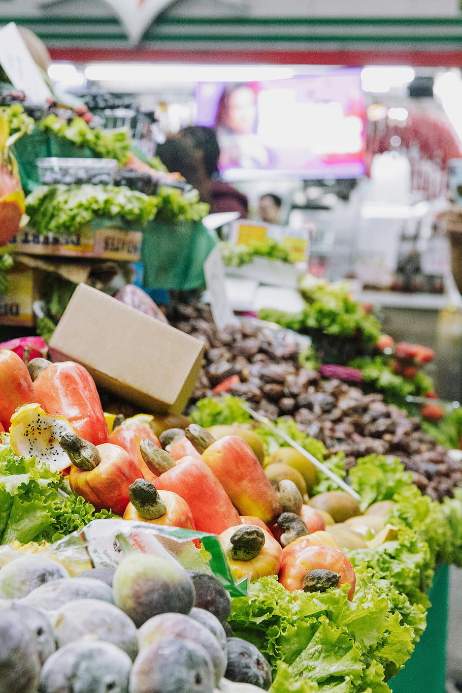 fresh fruit, vegetables, indoor market, colorful produce, healthy food, market display, fresh produce, grocery shopping, grocery store, market stall, food market