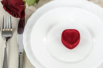 white ceramic plate, round plate, white plate, ceramic plate, red heart, table setting, red rose, dining table, tableware, dinnerware, romantic setting