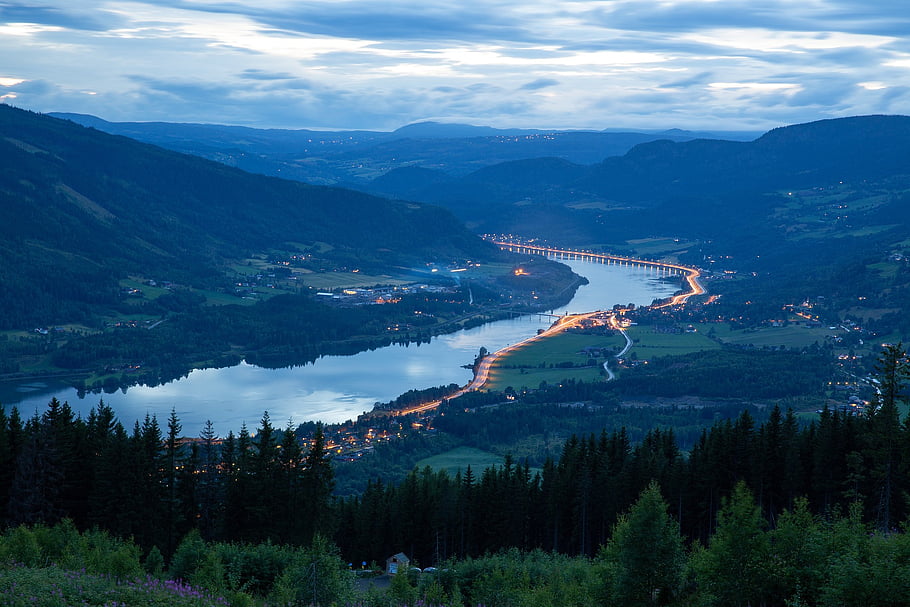 norway, river, nature, water, landscape, fjord, sky, scandinavia, clouds, evening