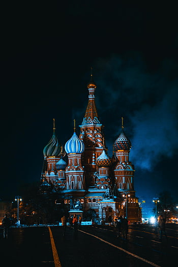 Svatý. bazilika katedrála, Moskva, noc, svítí, živá architektura, Rudé náměstí, Ruská památka, historické budovy, cibulové kopule, panoráma města, večerní pohled