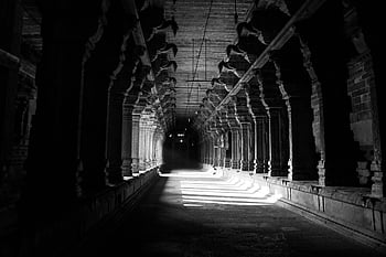 fotografie ve stupních šedi, chodba, Monochromatický obrázek, děsivý chrám, dramatické světlo, hra stínů, chodba chrámu, Černý a bílý, architektonická fotografie, starověké architektury, historické místo