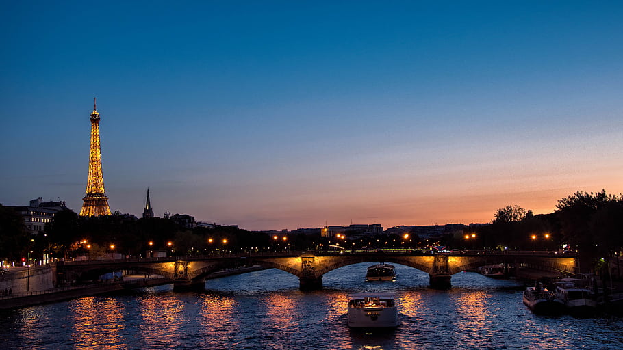 ปารีส, พระอาทิตย์ตกดิน, หอไอเฟล, pont alexandre iii, สะพาน, แม่น้ำ, เรือ, ไฟ, น้ำ, cityscape, ตอนเย็น