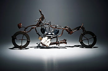 metallo riciclato, Scultura di motociclette, Arte del filo, Materiali di ferro, design creativo, nero e marrone, arte in bicicletta, arte del metallo, arte riciclata, arte della scultura, scultura a filo