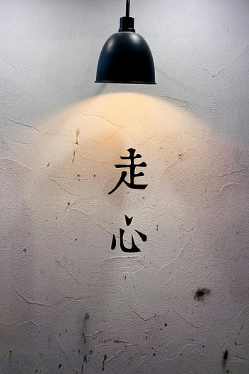 lamp light, Japanese characters, white wall, illuminated Chinese characters, textured wall, stylish lamp, close-up, wall art, interior design, ambient lighting, cultural decor