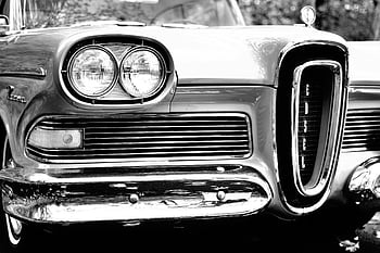 klasické auto, fotografie ve stupních šedi, Vintage Edsel, přední auto, Černý a bílý, detail, design, automobilového průmyslu, Retro vozidlo, vinobraní automobil