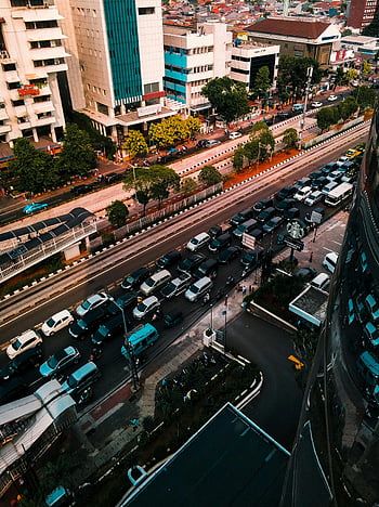 pohled z ptačí perspektivy, Jakartská ulice, městský provoz, pohled z vysokého úhlu, rušný provoz, Urban Roadway, okolní budovy, panoráma města, letecký snímek, přeprava papírování, Doprava v Jakartě