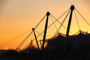 masts, sunset, tent Roof, munich, olympic Stadium, olympic Park, nature, architecture