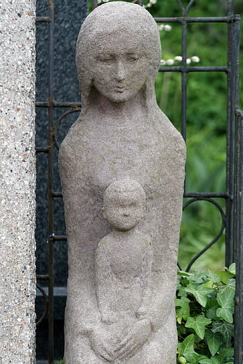sculpture, stone, cemetery, article, mystic, woman, baby, religion, tomb, sadness