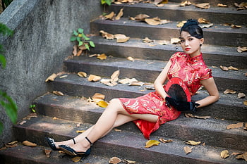 Cheongsam, 유행, 여자, 베트남 사람, 빨간 치파오, 전통적인, 손 부채, 장갑, 머리 장식, 스타일, 드레스