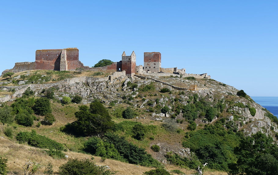 castle, fortress, ruins, mountains, trees, plants, horizon, historically, outlook