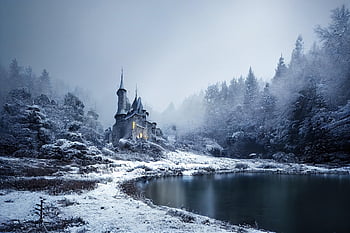 winter, castle, nature, fantasy, landscape, medieval, snow, lake, water, ai Generated