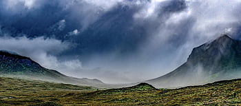 isle of skye, krajina, údolí, hory, mlha, Skotsko, Příroda, ranní světlo, bouřka, modrá obloha, mraky