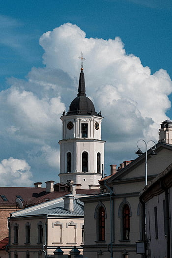 Bell Tower, Vilnius Cathedral, St. Stanislaus Cathedral, Neoclassical architecture, Vilnius, Lithuania, cloudy sky, church tower, European architecture, historic building, cityscape