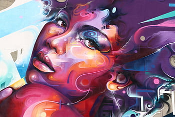 budova, žena, dívka, graffiti, tvář, městský, silnice, pouliční umění, barva, zeď, velký obraz