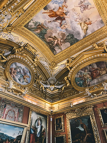 Barok loft, indviklede malerier, palatine galleri, Italien, udsmykkede loft, loft malerier, Barok kunst, Gulddetaljer, religiøs kunst, museumsinteriør, kunstgalleri