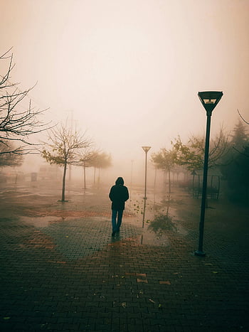 mglisty park, czarna bluza z kapturem, chodząca postać, tajemnicza atmosfera, spokojna scena, samotna osoba, mglisty dzień, Park Walkway, lampy uliczne, gołe drzewa, mokra nawierzchnia