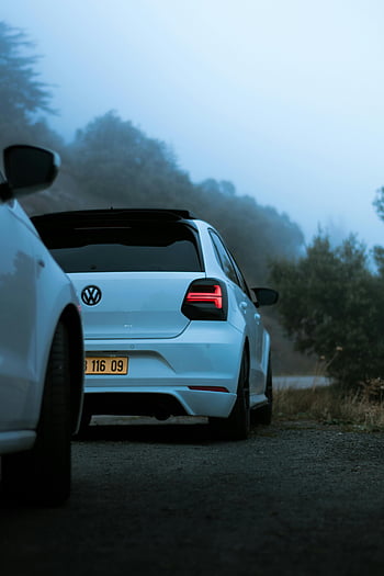weißer Volkswagen Polo GTI, nebliger Tag, Bergstraße, Chrea, Provinz Blida, Algerien, weißes Auto, geparktes Auto, nebliges Wetter, Rückansicht, Nummernschild