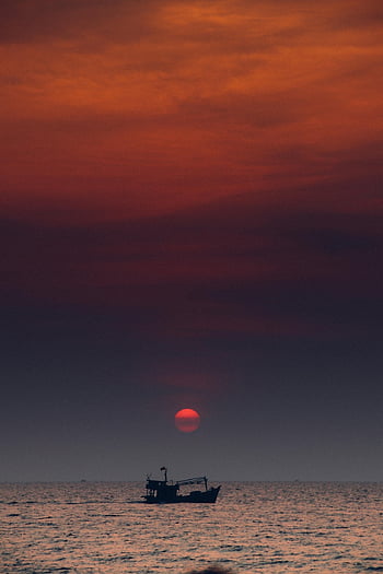 sunset, sea, boat, silhouette, nature, travel, ocean, horizon, sky, clouds, sun