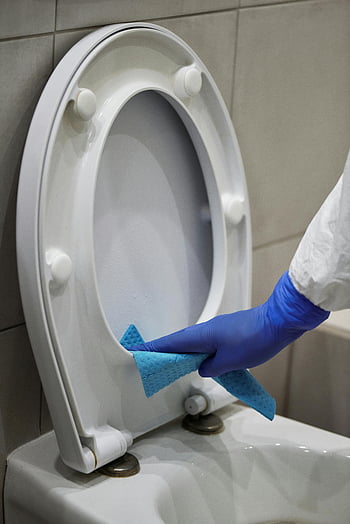 Čištění toalety, ruka v rukavicích, dezinfekční toaleta, modré látky, detailní fotografie, záchodová mísa, Proces čištění, Hygienové postupy, Údržba koupelny, toaletní hygiena, čistící prostředky