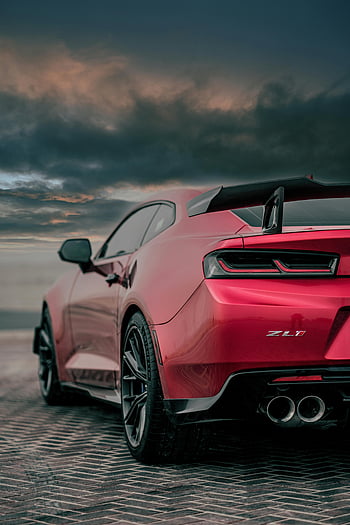 Červený sportovec, chevrolet camaro, temné mraky, dramatický západ slunce, rušič vztlaku, červené auto, zl1, zaparkované auto, nebe, sportovní auto, dramatické mraky