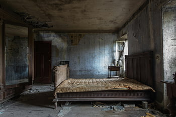 abandoned bedroom, empty damaged room, decayed furniture, peeling walls, rustic bedroom, haunting beauty, abandoned house, old mattress, dilapidated interior, abandoned furniture, rustic decay