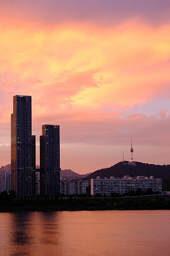 sunset, namsan, seoul, han River, namsan Tower, nature, n Seoul Tower, korea, river, city, mountain