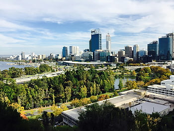 Perth City Skyline, kings park, jasný den, městské krajiny, panoráma města, zeleň, moderní budovy, výhled na řeku, Vysoký úhel, městský zelený prostor, panorama města