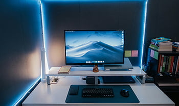 computer monitor, computer table, modern workspace, organized workspace, illuminated LED lighting, desktop monitor, workspace setup, LED lighting, computer desk, office setup, tech workspace