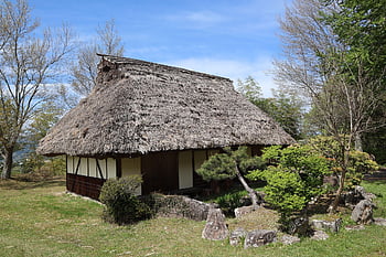 house, hut, building, mountains, countryside, thatched Roof, garden, wood, japan, landscape