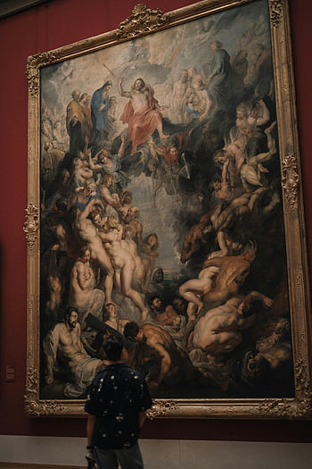 peter paul rubens, Mnichovské muzeum, muž pozoruje, Velký poslední soud, náboženské malby, muzeum umění, Barokní umění, divák obdivuje, Mnichovská výstava, historické umělecké dílo, mistrovské dílo