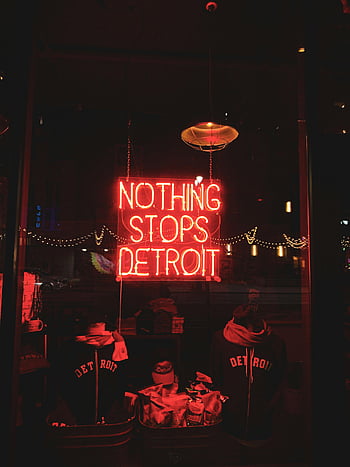 insegna al neon, vetrina di un negozio, detroit, paesaggio notturno della città, neon vibrante, Niente smette di Detroit, segnaletica a led, display del negozio, vita notturna urbana, segno illuminato, illuminazione urbana