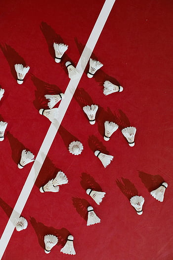 badminton shuttlecocks, red court, top-down view, scattered shuttlecocks, badminton court, white shuttlecocks, sports equipment, indoor sports, shuttlecock shadows, badminton game, sports flooring