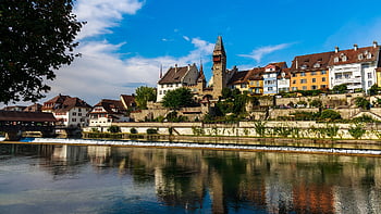 río, edificios, arquitectura, arquitectura europea, reflexiones, reflejo, imagen de espejo, bremgarten, Suiza, banco, centro Historico