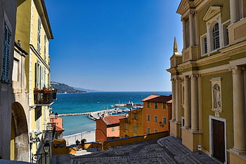 menton, city, coast, france, sea, buildings, town, street, alley, church, french Riviera