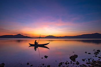 lake, boat, fisher, man, landscape, nature, sunset, sun, sea
