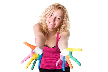 dívka, ruce, prsty, řemeslo, šťastný, Modelka, kavkazský, barvitý, umění, zábava, roztomilý