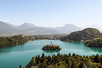 krvácel, jezero, ostrov, kostel, mezník, turistická atrakce, scenérie, scénický, voda, hory, horské jezero