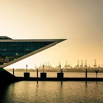 přístavní jeřáby, moderní budova, Hamburg, západ slunce, moře, Nárazná architektura, přístav, Průmyslové jeřáby, nábřeží, panoráma města, Večerní světlo