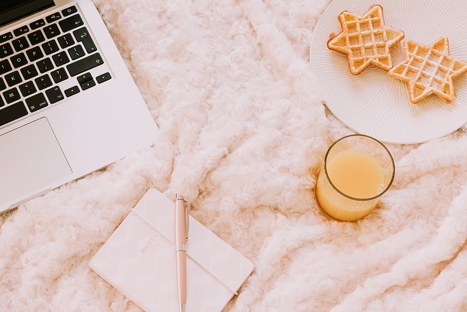 laptop, writing, food, flat lay, waffles, goals, device, technology, computer, journal, new year