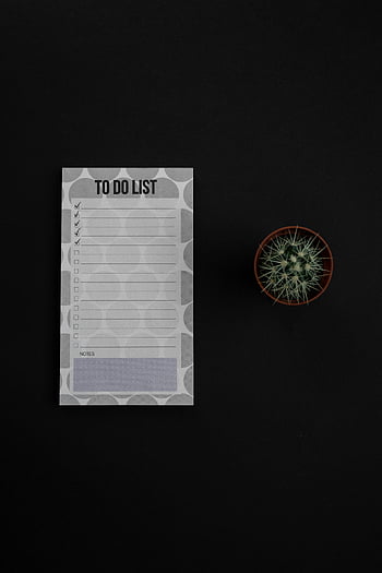 to-do list, black background, flatlay, small cactus, copy space, productivity, organization, minimalistic, desk setup, task management, checklist