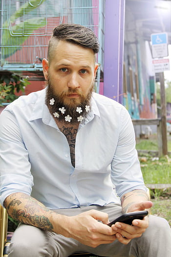 hipster, man, beard, style, sitting, phone, business, flowers, guy, male, outdoors