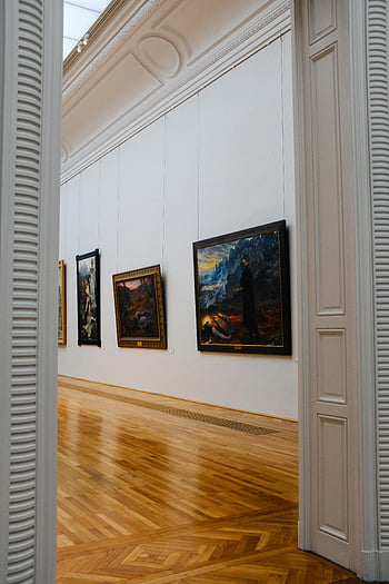 galleria d'arte, Dipinti incorniciati, arte muraria, interior design, eleganza, display, pavimento di legno, muri bianchi, Museo, esposizione, opera d'arte