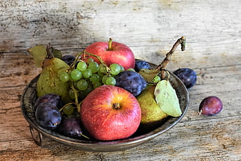 ovoce, jídlo, ovocný talíř, bio, stálý život, jablka, hrozny, hrušky, čerstvý, zdravý, vitamíny