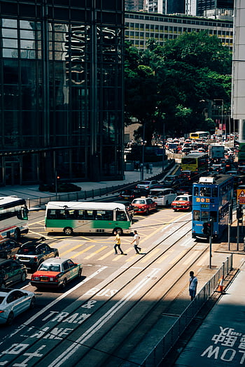 Hongkong, ulice, motorová vozidla, vozy, autobusů, chodců, v centru města, živá ulice, městskou dopravu, provoz, tramvaje