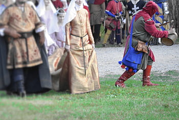 medieval Fair, medieval Costumes, jester, drum, people, lady, carnival, clown, herald