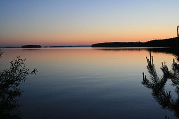 jezero, půlnoční slunce, odraz, silueta, voda, záliv, slunečního světla, letní slunovrat, letní, nebe, Příroda